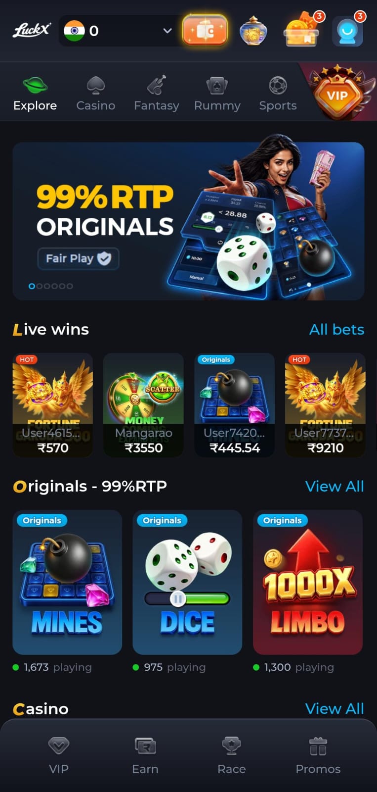 LuckX Game homepage showing Casino, Fantasy, Rummy, Sports, Originals and VIP sections