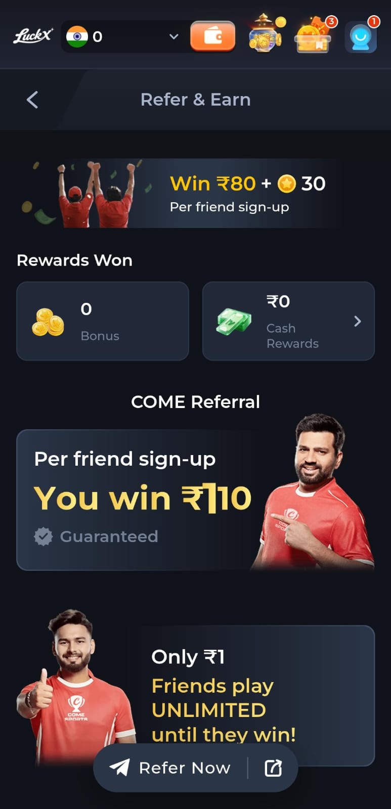 LuckX Game Refer and Earn page showing referral rewards and bonus information