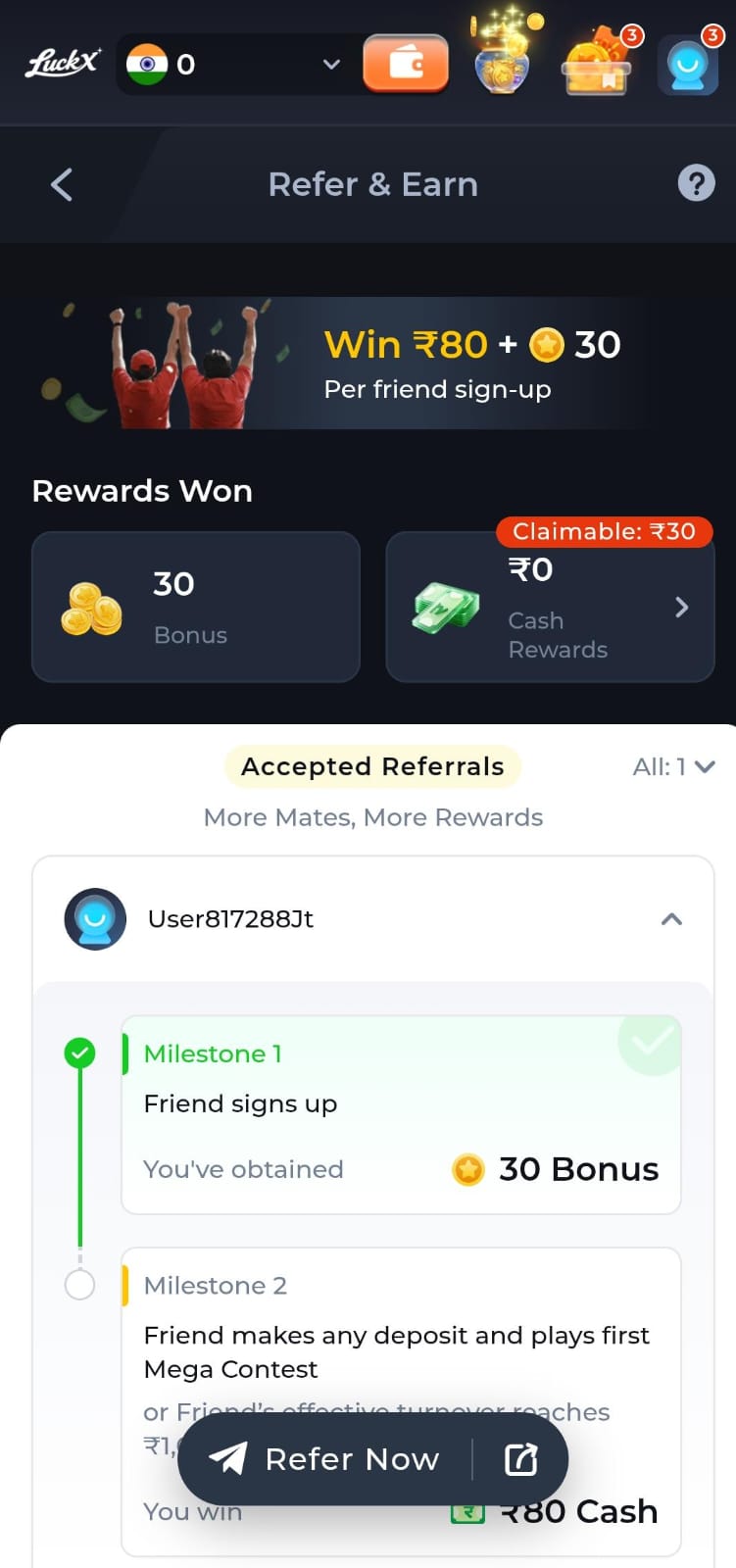 LuckX Game referral page showing accepted referrals, bonus rewards and milestone progress